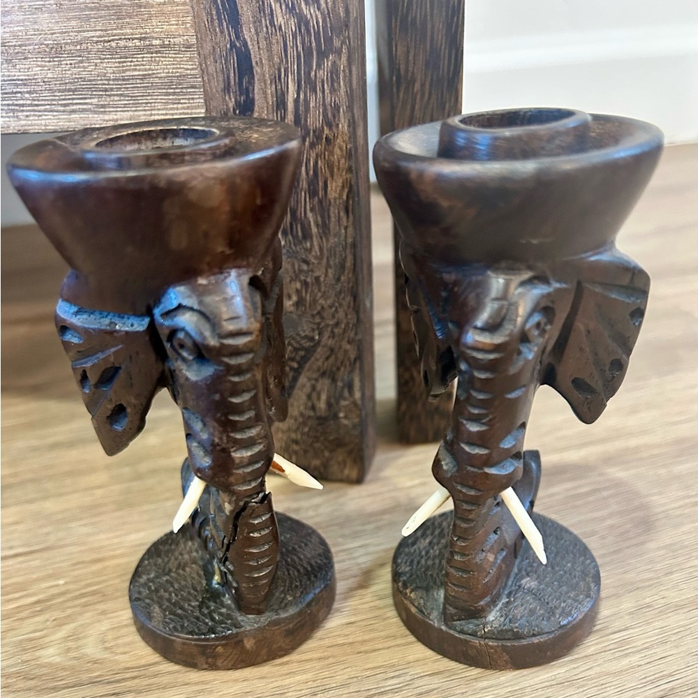 VTG Hand Carved Wood Elephant Head Taper Candle Holders Pair Boho Rustic Decor
